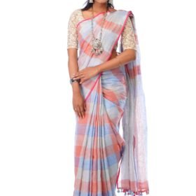 Linen Saree with Light Blue Red White Checks