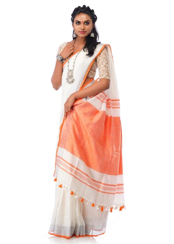 White Linen Saree with Orange Border