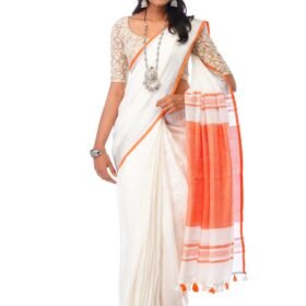 White Linen Saree with Orange Border