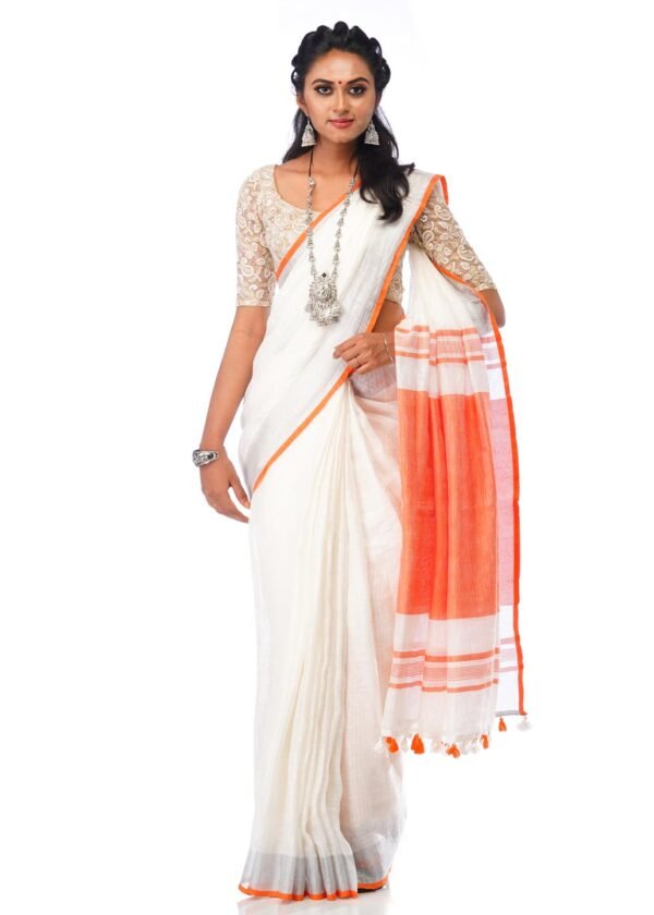 White Linen Saree with Orange Border