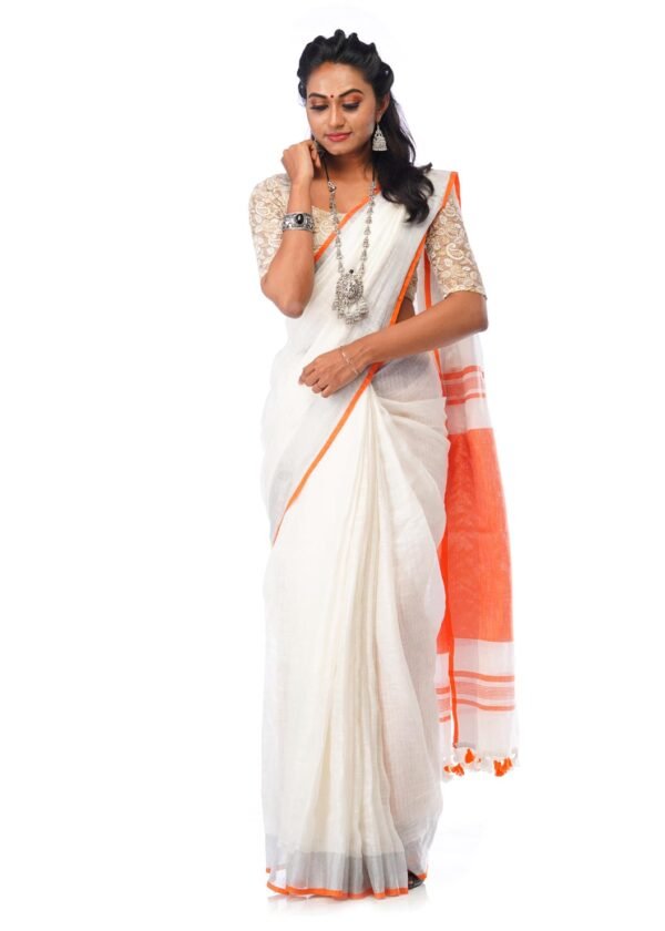 White Linen Saree with Orange Border