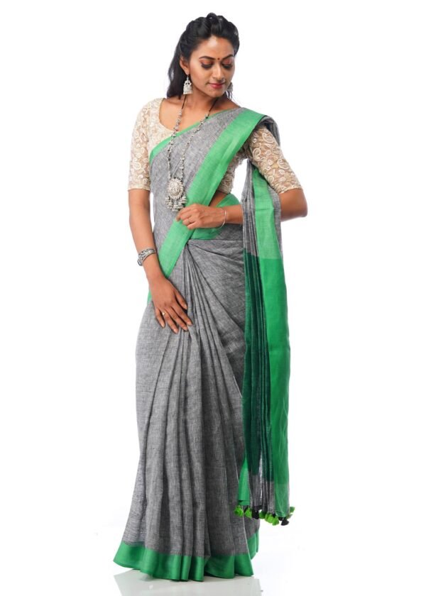 Gray Linen Saree with Green Border - Image 3