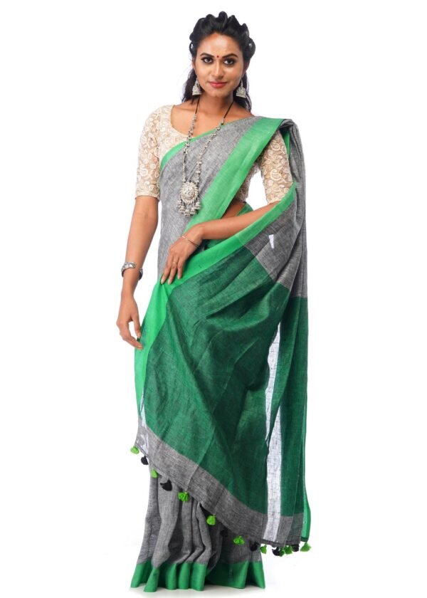 Gray Linen Saree with Green Border