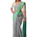 Gray Linen Saree with Green Border