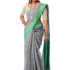 Gray Linen Saree with Green Border