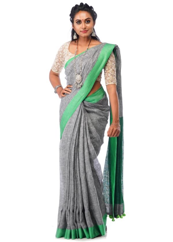 Gray Linen Saree with Green Border