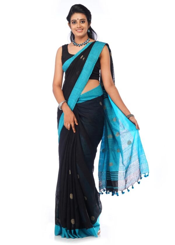 Black Linen Saree with Aqua Blue Border