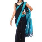 Black Linen Saree with Aqua Blue Border