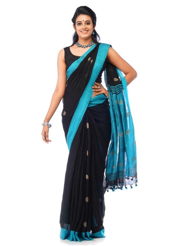 Black Linen Saree with Aqua Blue Border