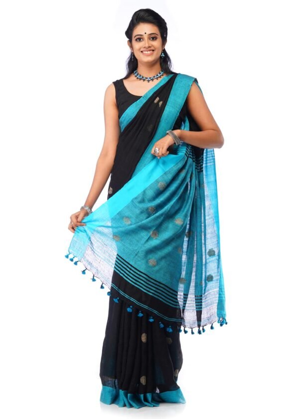 Black Linen Saree with Aqua Blue Border