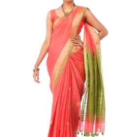 Oange Linen Saree with Golden Border