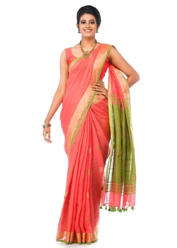 Oange Linen Saree with Golden Border