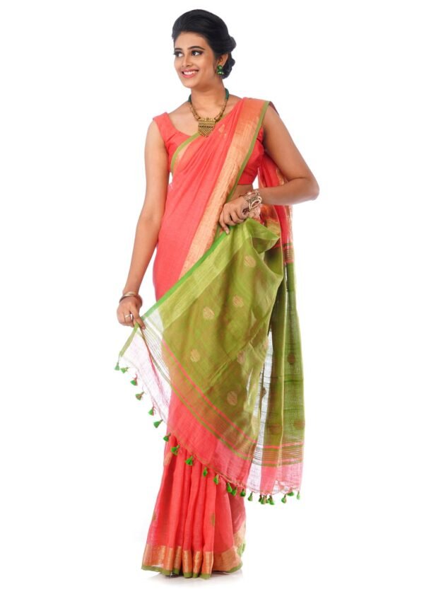 Oange Linen Saree with Golden Border