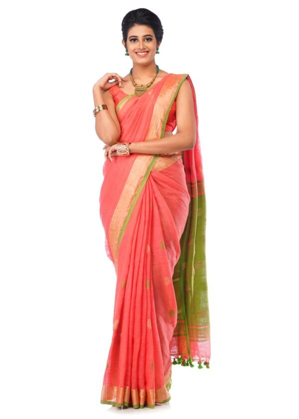 Oange Linen Saree with Golden Border