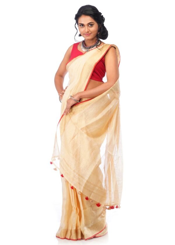 Linen Saree in Cream with Red Border