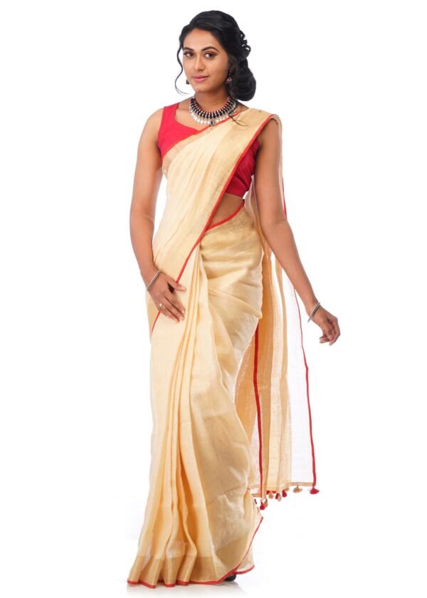 Linen Saree in Cream with Red Border