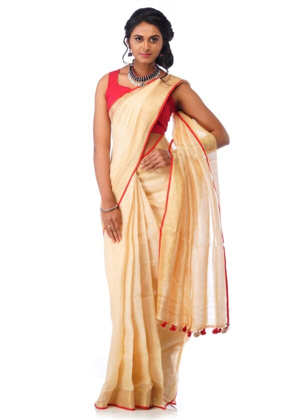 Linen Saree in Cream with Red Border