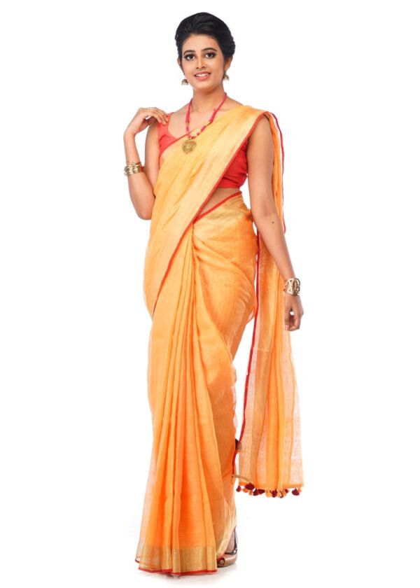 Beautiful Orange Linen Saree with thin Red Border