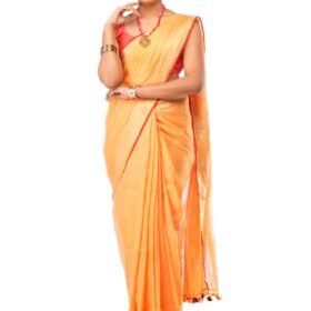 Beautiful Orange Linen Saree with thin Red Border