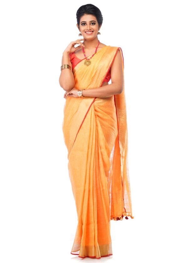 Beautiful Orange Linen Saree with thin Red Border