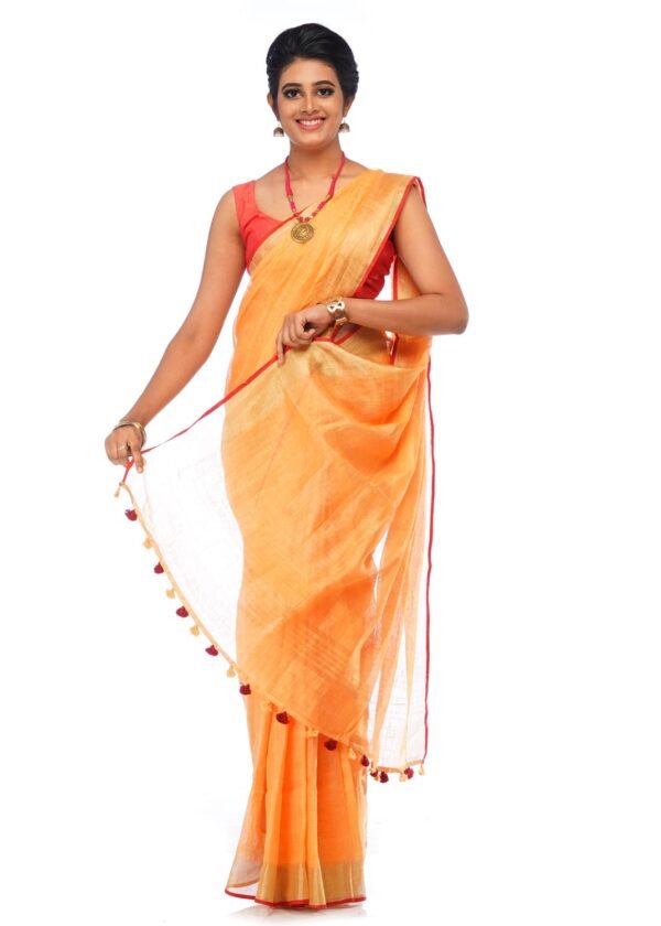 Beautiful Orange Linen Saree with thin Red Border