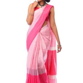 Linen Saree in Light pink with thick dark Pink Border