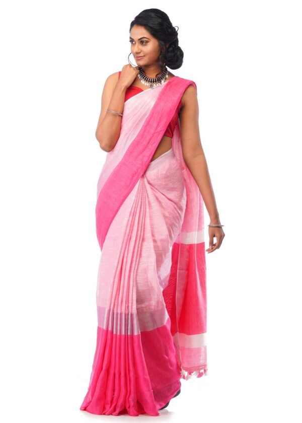 Linen Saree in Light pink with thick dark Pink Border