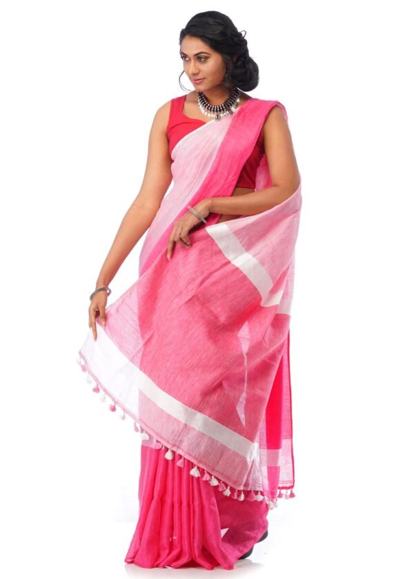 Linen Saree in Light pink with thick dark Pink Border