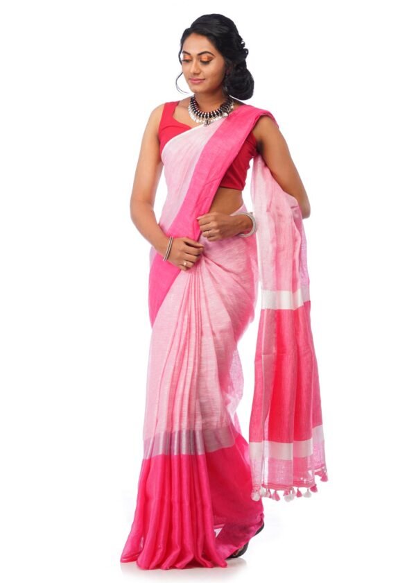 Linen Saree in Light pink with thick dark Pink Border