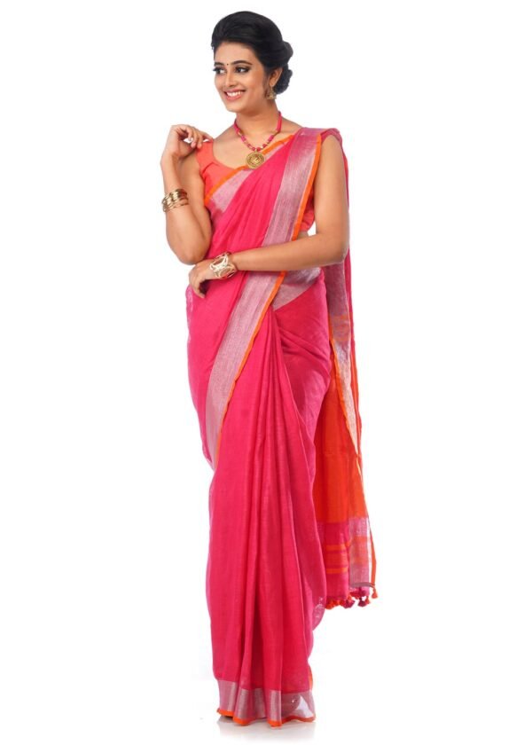 Dark Pink Linen Saree with thick Silver and Orange Border