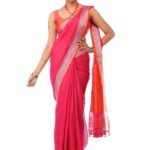 Dark Pink Linen Saree with thick Silver and Orange Border