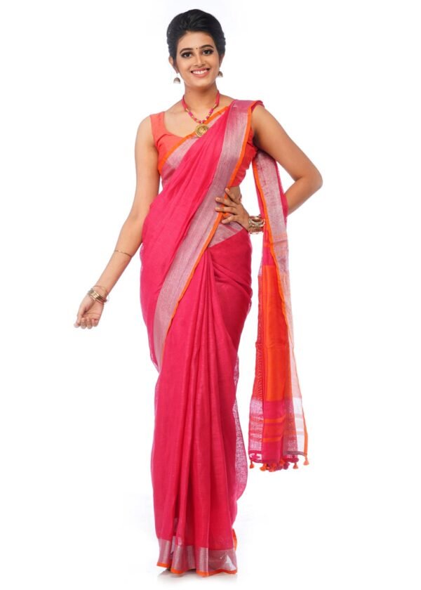 Dark Pink Linen Saree with thick Silver and Orange Border