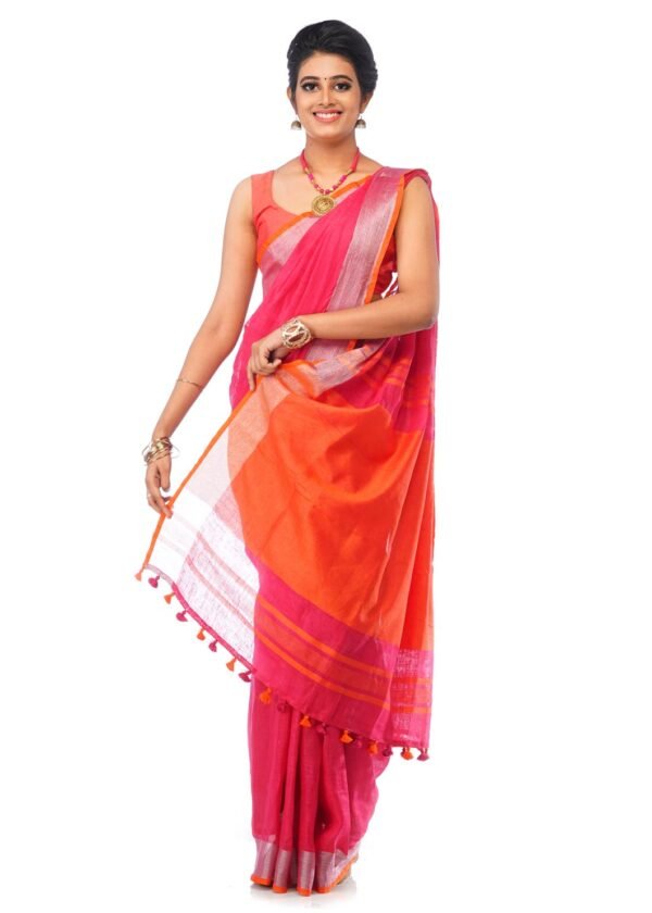 Dark Pink Linen Saree with thick Silver and Orange Border