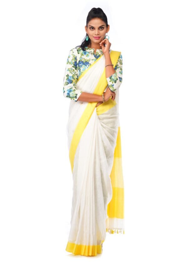 White Linen Saree with Light Yellow Border