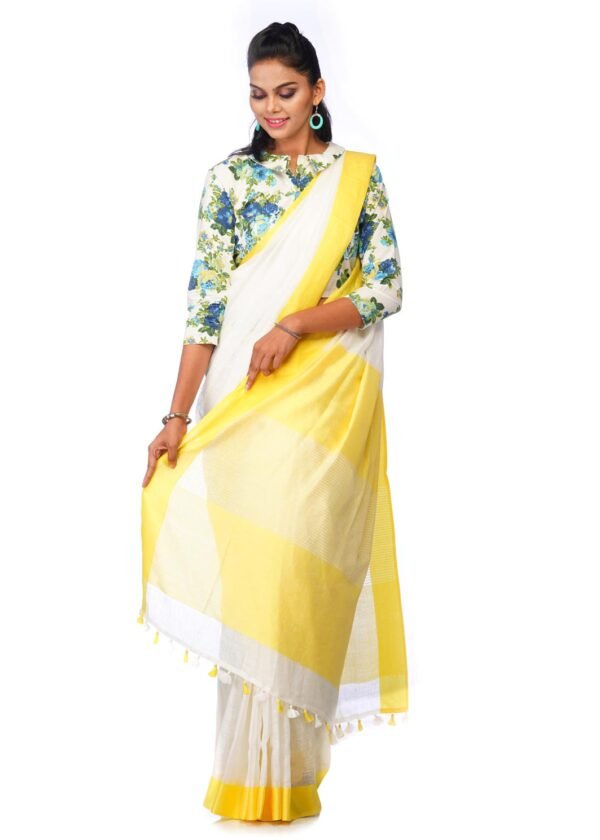 White Linen Saree with Light Yellow Border