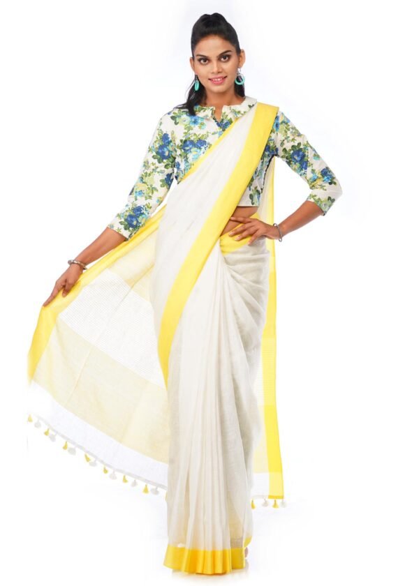 White Linen Saree with Light Yellow Border