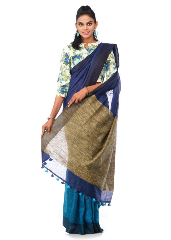 Linen Saree in Navy Blue