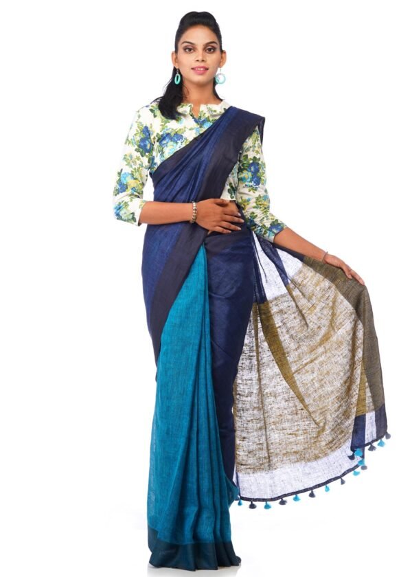 Linen Saree in Navy Blue