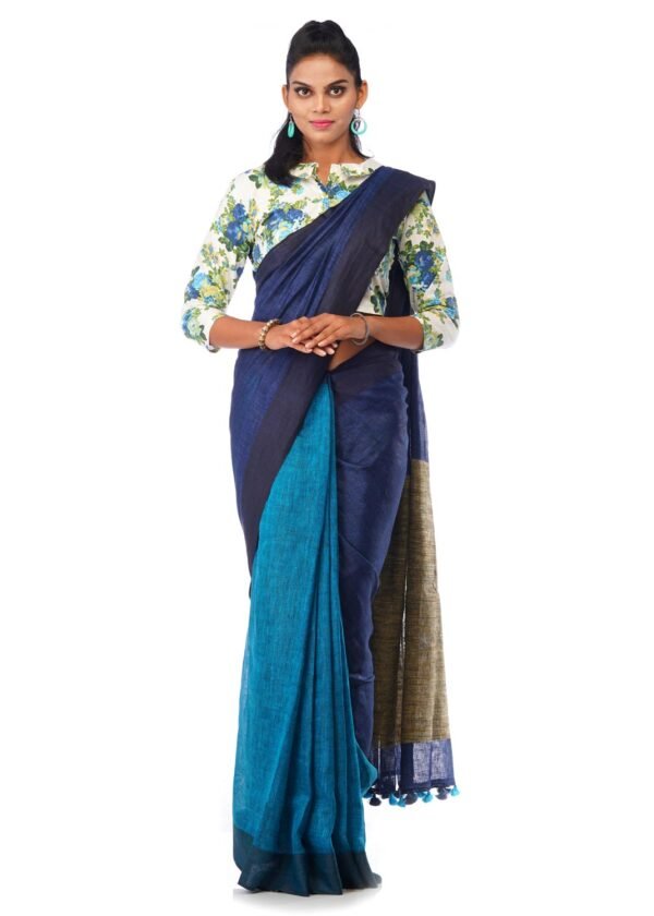 Linen Saree in Navy Blue