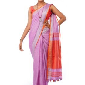 Light Magenta Saree with Silver and Orange Border