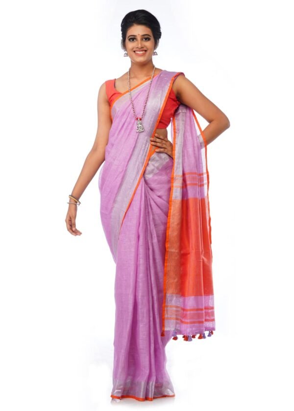 Light Magenta Saree with Silver and Orange Border