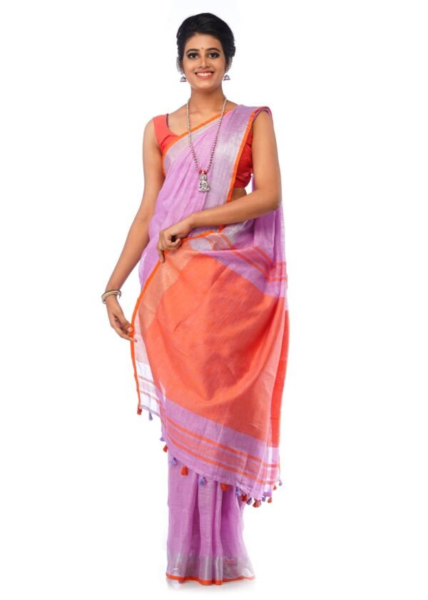 Light Magenta Saree with Silver and Orange Border