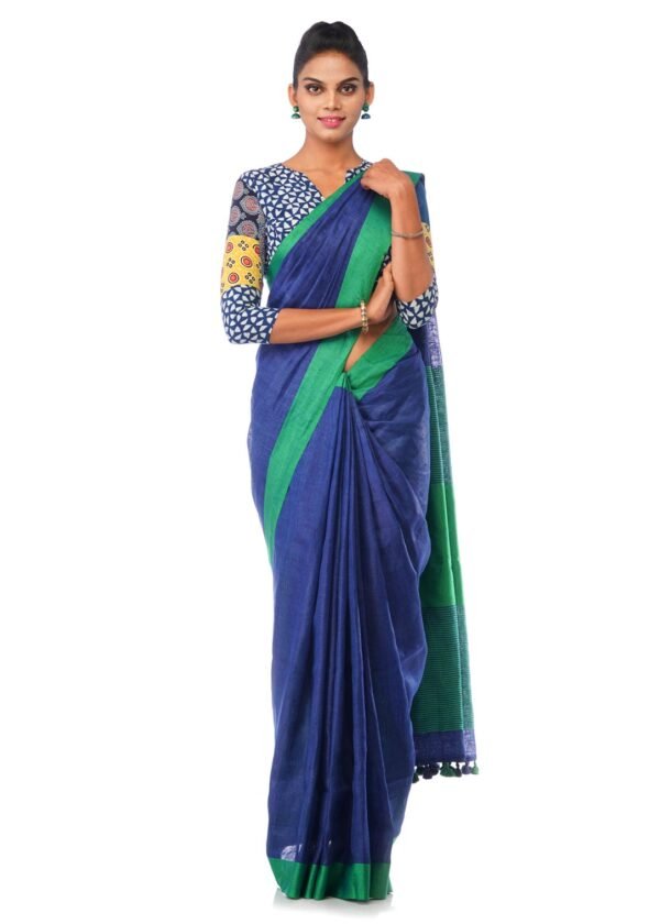 Deep Blue Linen Saree with Green Border