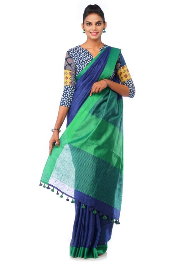 Deep Blue Linen Saree with Green Border