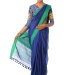 Deep Blue Linen Saree with Green Border