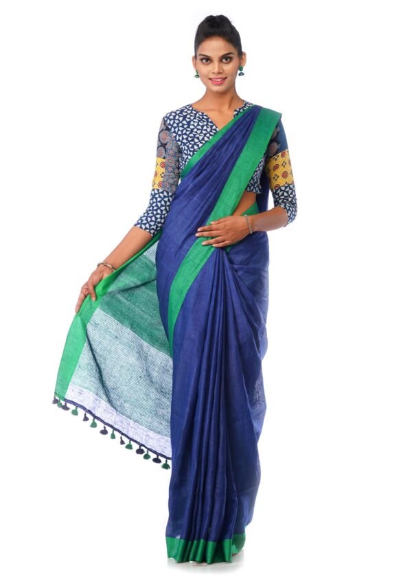 Deep Blue Linen Saree with Green Border