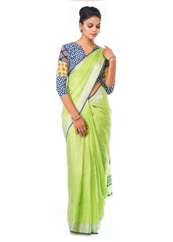 Light Green Linen Saree with Silver Border