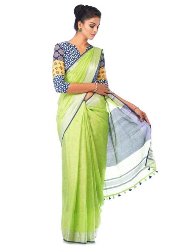 Light Green Linen Saree with Silver Border