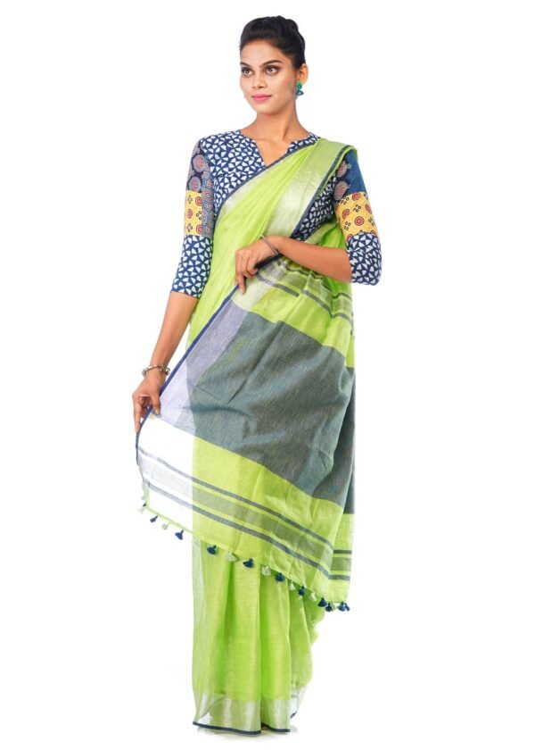 Light Green Linen Saree with Silver Border